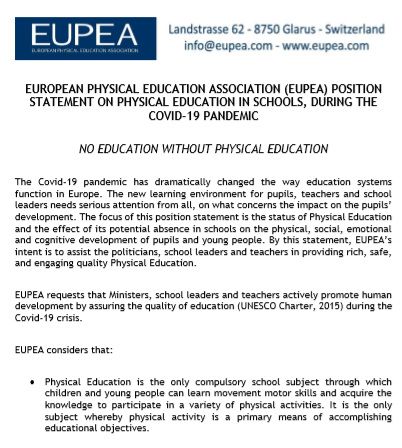 Positionspapier von der EUPEA: NO EDUCATION WITHOUT PHYSICAL EDUCATION